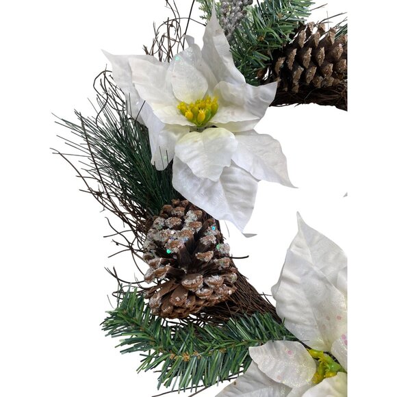 Artificial Winter Wreath White Poinsettias & Pinecones - Picture 2 of 5